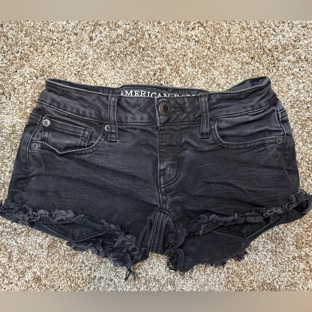 Women’s American Eagle Jean Super Low Shortie Black Jean Shorts Size 0